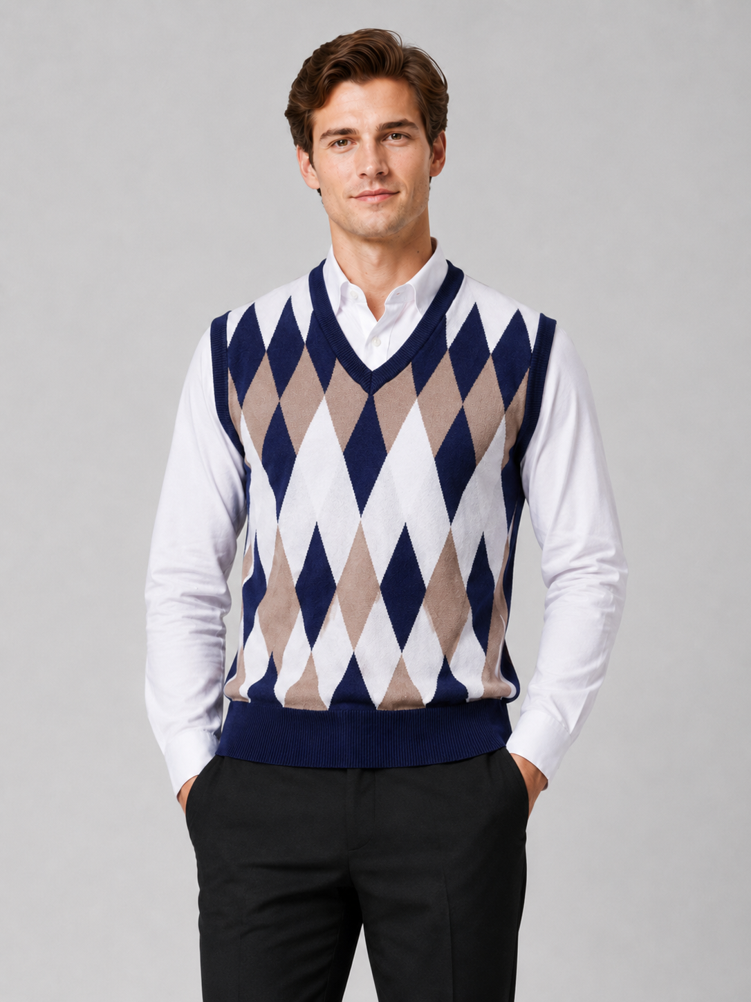 Men wearing navy argyle sweater vest v neck slim fit lightweight knit fall winter business casual style