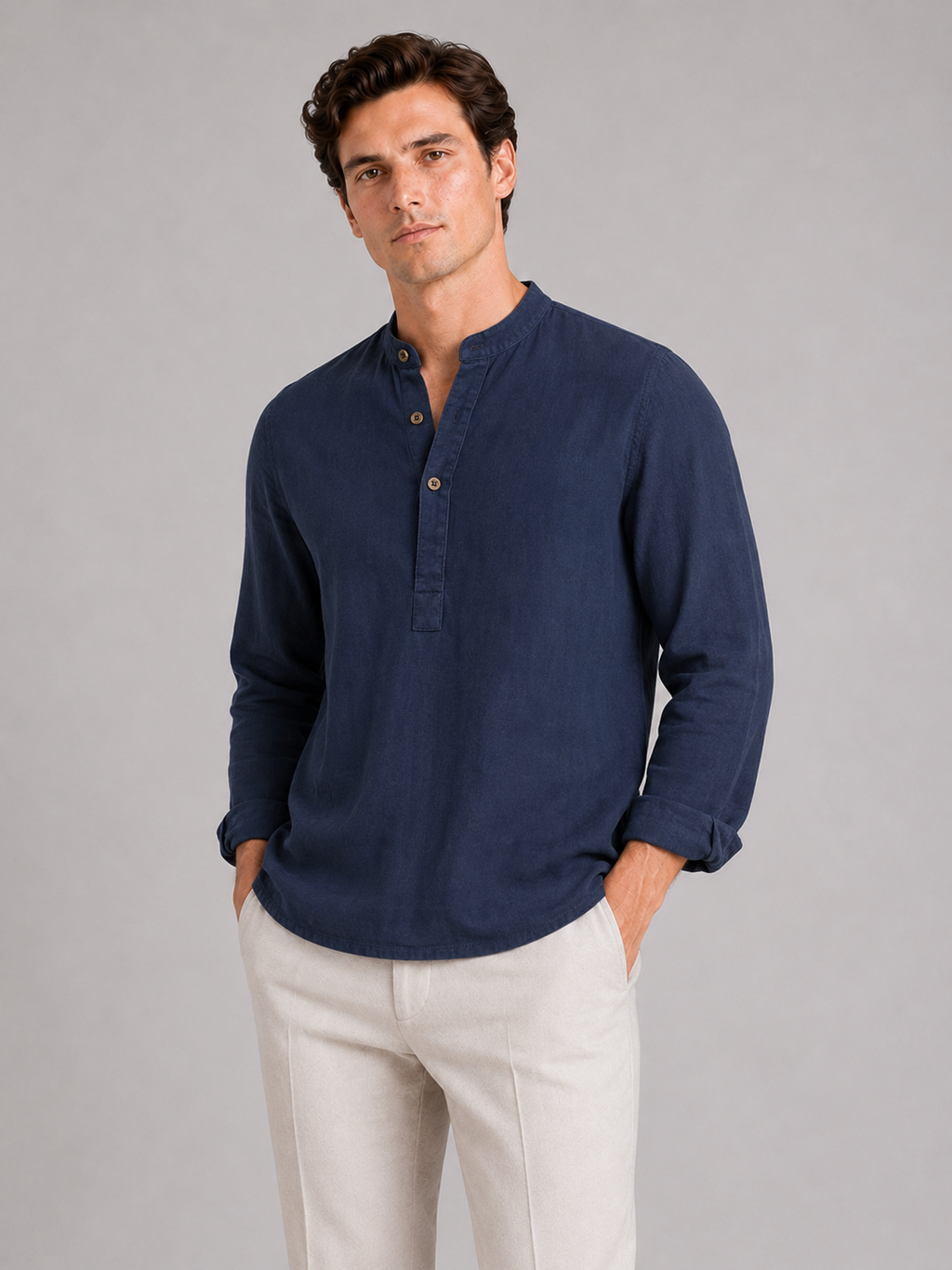 Men wearing navy band collar shirt long sleeve breathable loose fit summer casual style