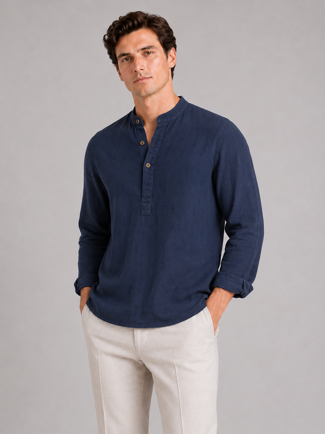 Men wearing navy band collar shirt long sleeve breathable loose fit summer casual style