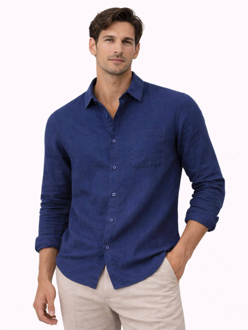 Men wearing navy linen shirt lightweight breathable long sleeve refined casual style