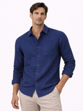 Men wearing navy linen shirt lightweight breathable long sleeve refined casual style