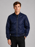 Men wearing navy bomber fall jacket windbreaker zip up flight coat casual streetwear style