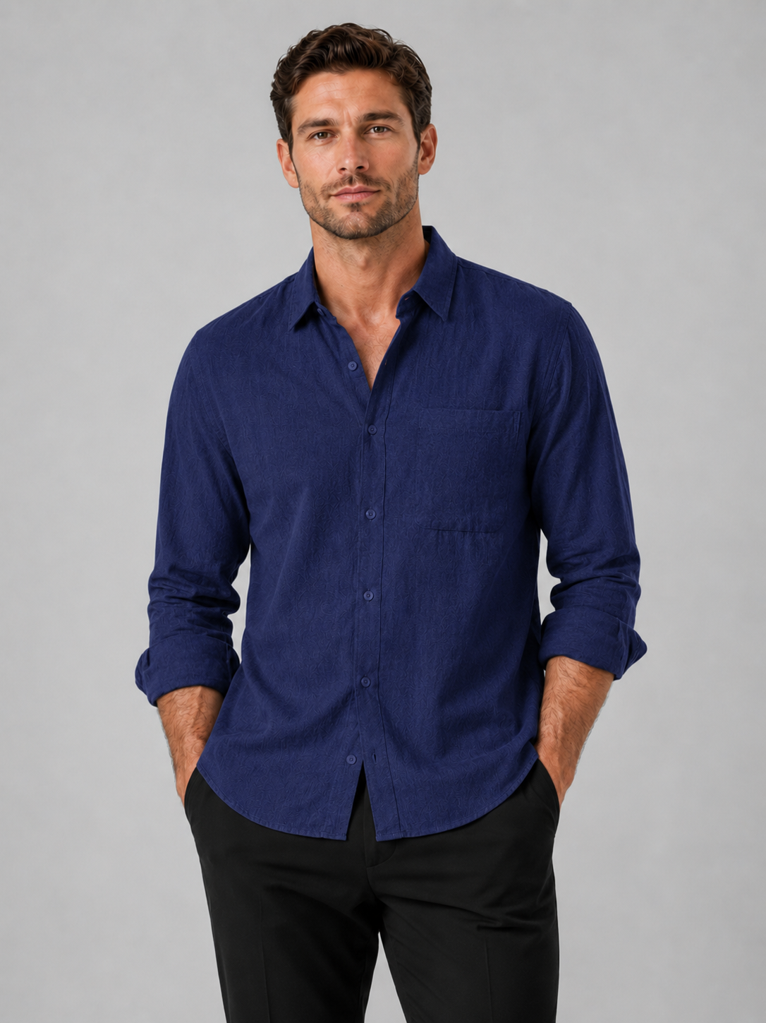 Men wearing navy button down long sleeve shirt solid color summer casual style