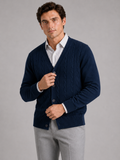 Men wearing navy cable knit cardigan sweater v neck long sleeve lightweight fall winter style