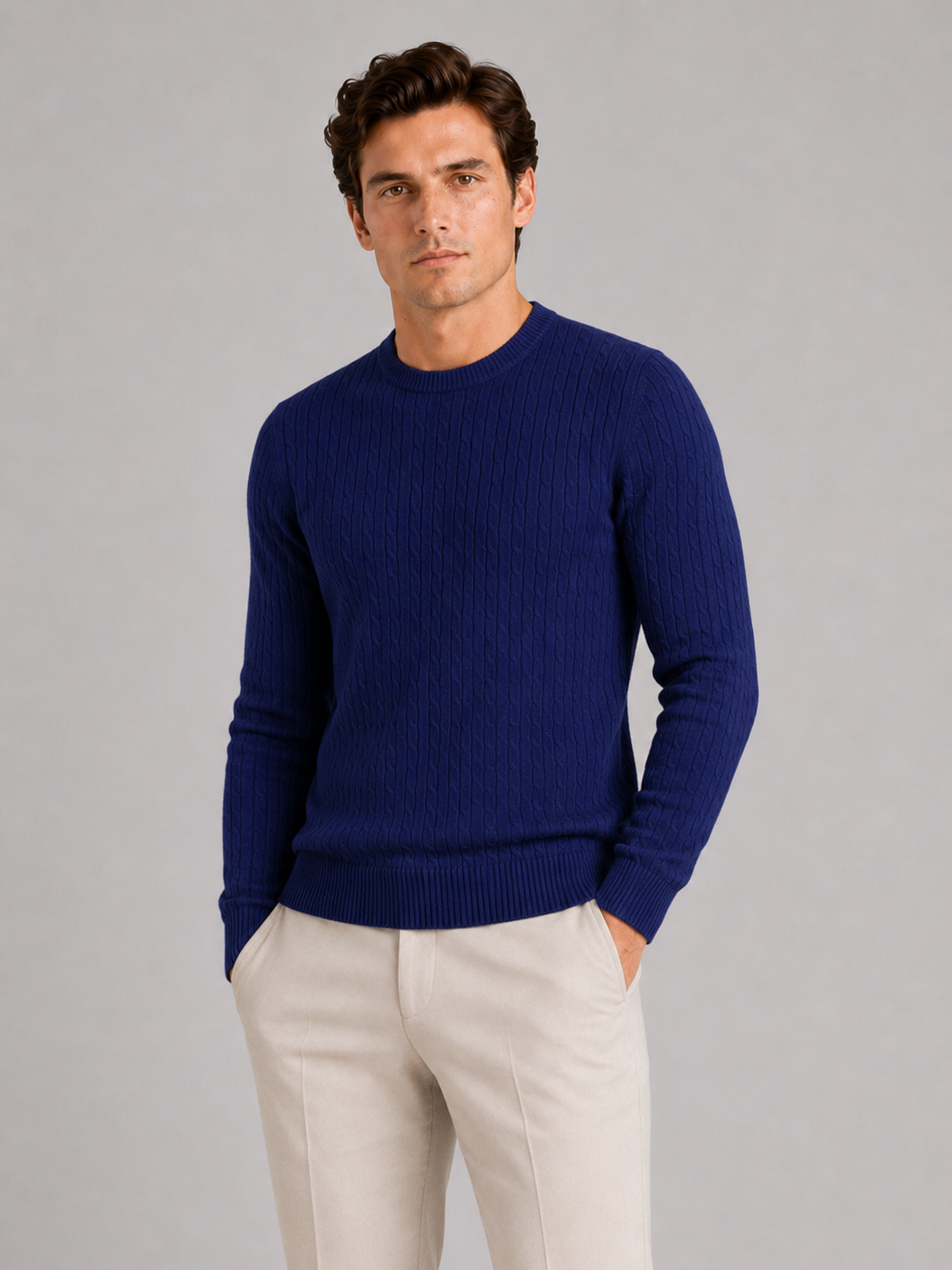 Men wearing navy cable knit crew neck sweater long sleeve lightweight spring business casual style