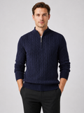 Men wearing navy cable knit quarter zip sweater mock neck thick warm fall winter business casual style