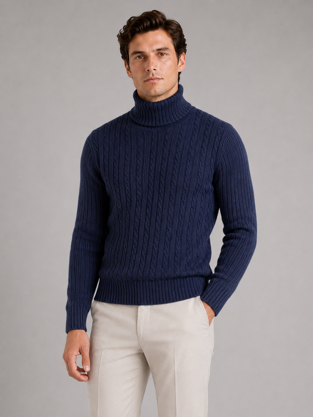 Men wearing navy cable knit turtleneck sweater slim fit heavyweight winter casual style