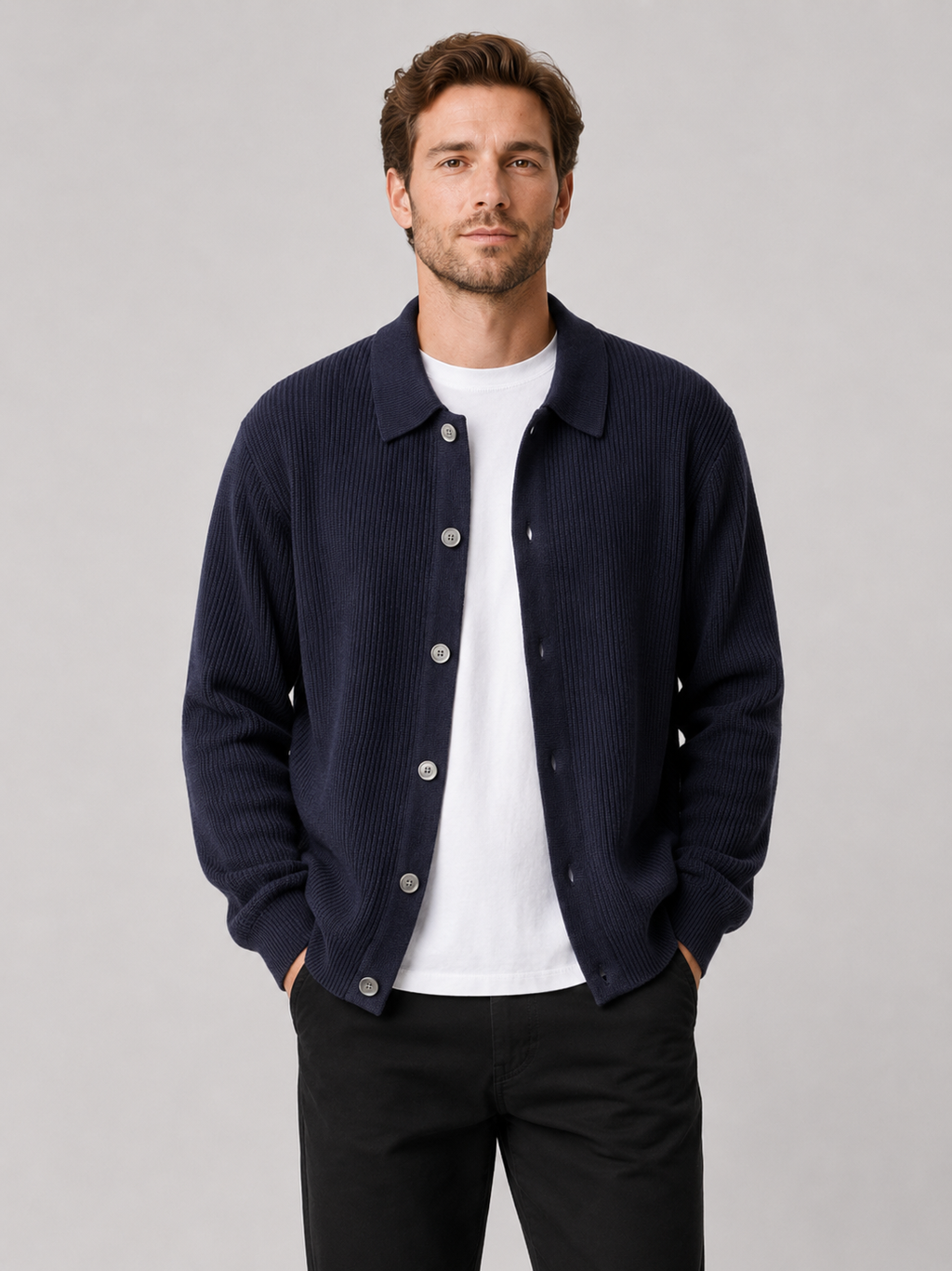 Men wearing navy knit cardigan sweater open front lapel loose fit spring fall casual style