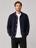Men wearing navy knit cardigan sweater open front lapel loose fit spring fall casual style