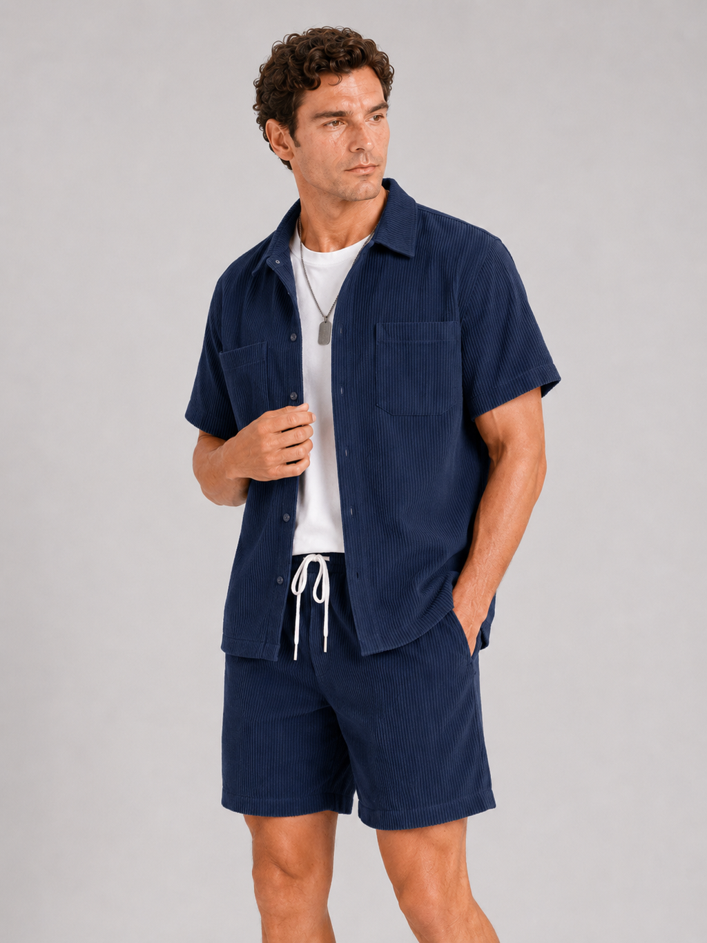 Men wearing navy corduroy button up shirt and shorts set summer vacation outfit beach style