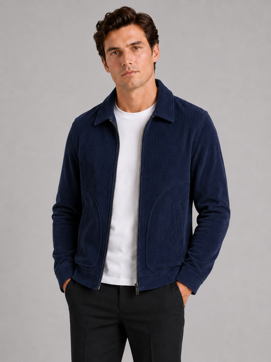 Men wearing navy corduroy fall jacket thick warm casual outdoor everyday style