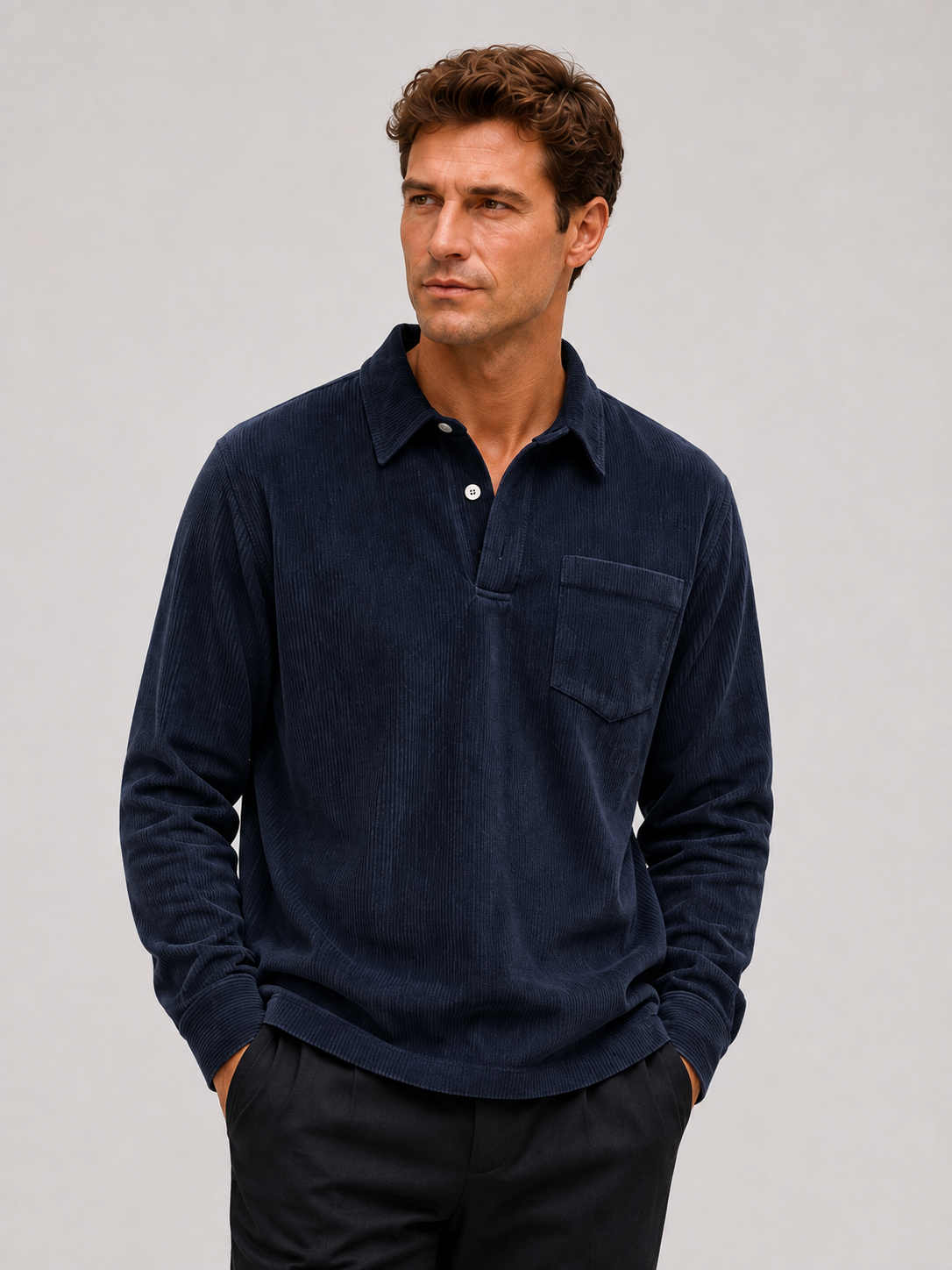 Front view of a man wearing a navy corduroy long sleeve polo shirt with a contrast turn-down collar and relaxed fit
