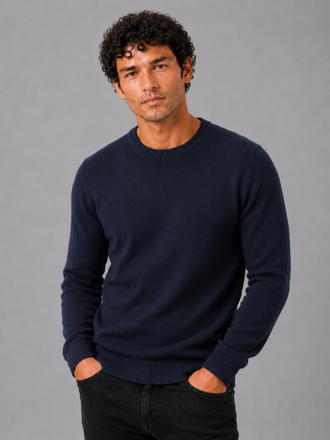 Men wearing navy crew neck knit sweater long sleeve soft lightweight fall business casual style