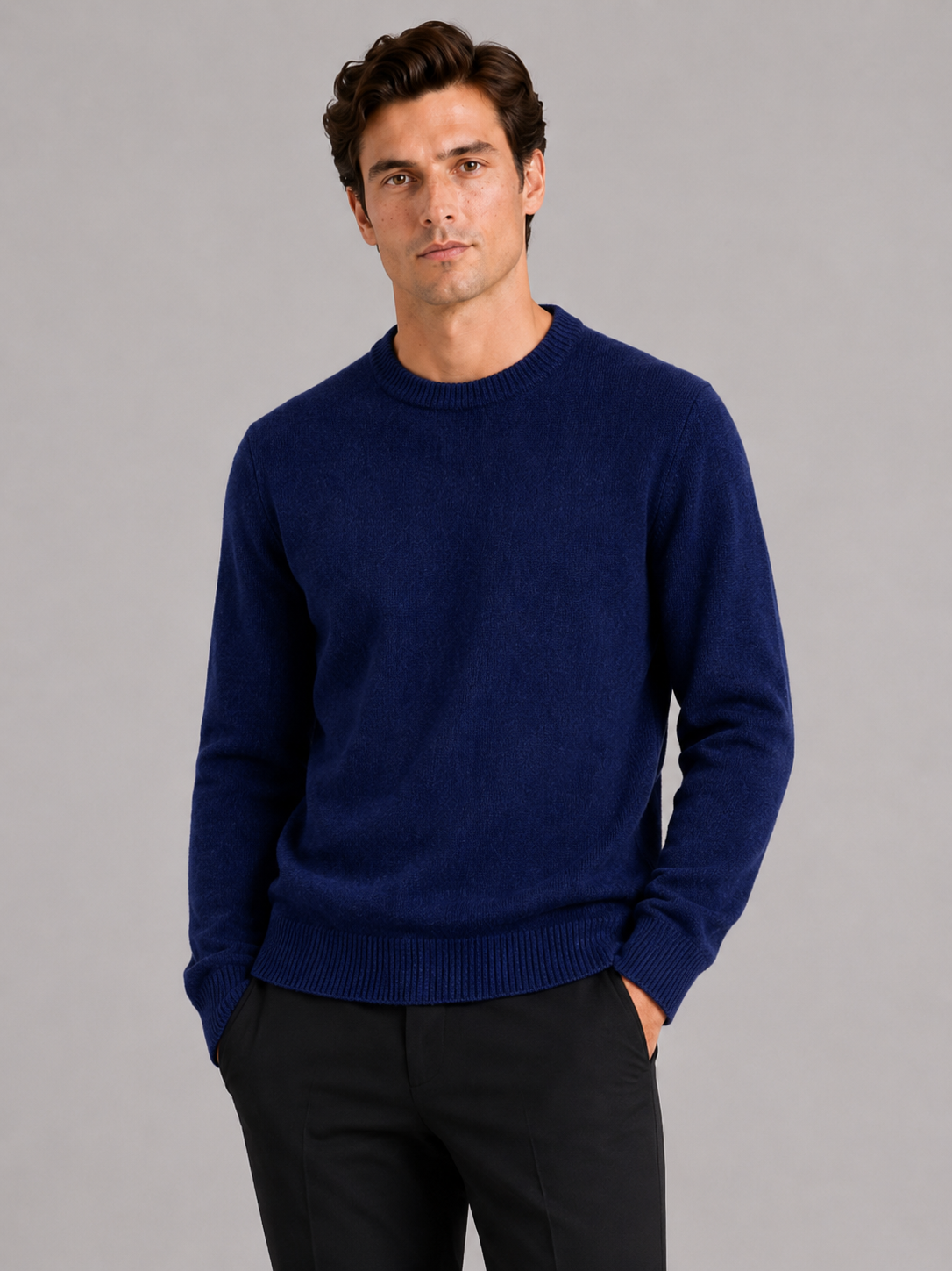 Men wearing navy crewneck sweater loose fit knit pullover fall winter casual style