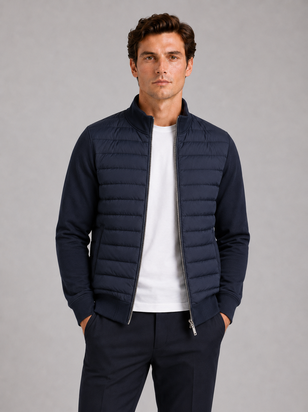 Men wearing navy down fall jacket stand collar slim fit zip up warm business casual style