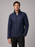 Men wearing navy down puffer jacket stand collar windproof waterproof winter outdoor style