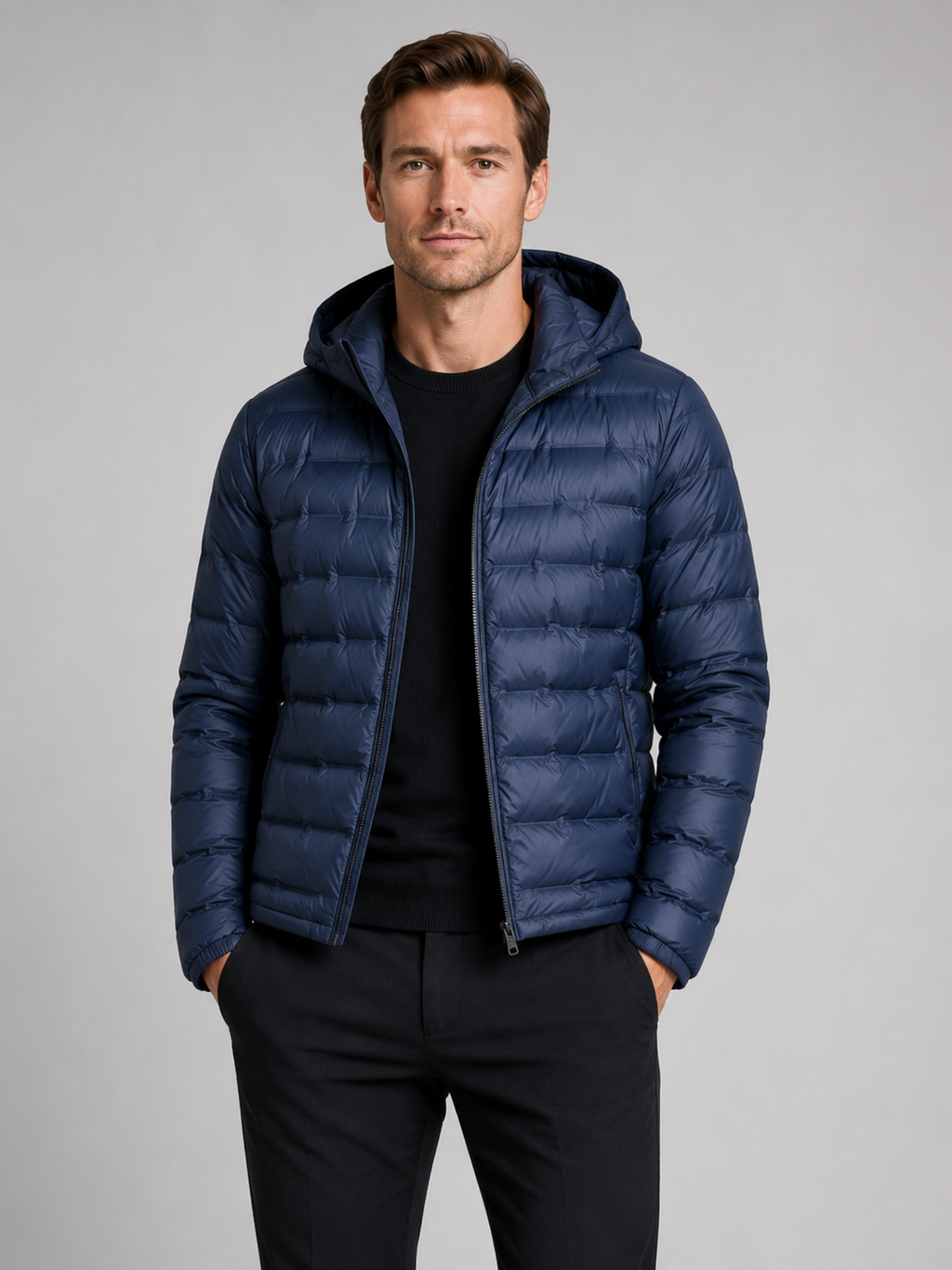 Men wearing navy down puffer jacket lightweight windproof waterproof hooded fall winter outdoor style