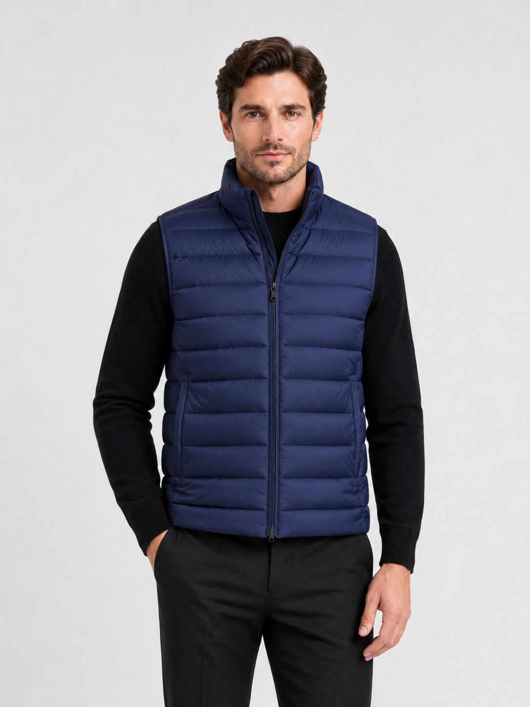 Men wearing navy down vest thick warm zip up windproof waterproof winter outdoor style