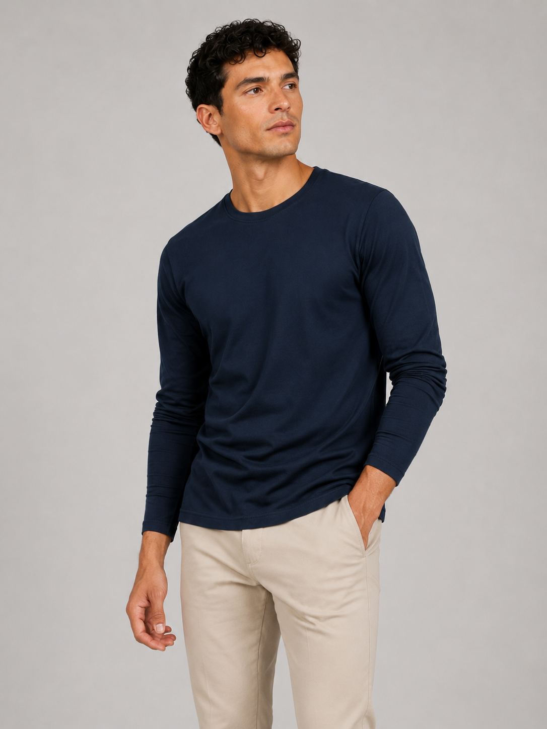 Men wearing navy fitted long sleeve t shirt crew neck casual spring basic style