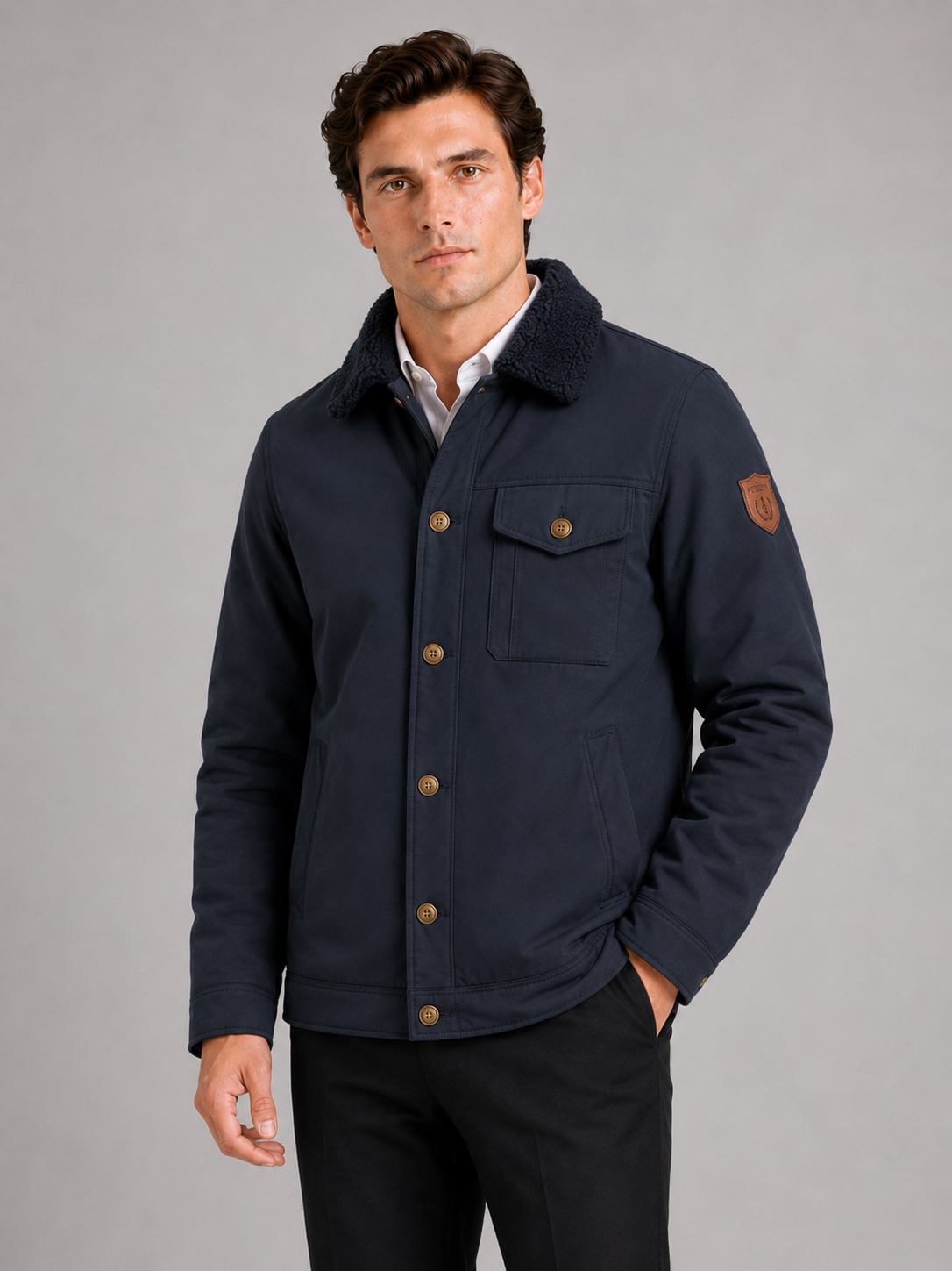Men wearing navy fleece fall jacket thick warm windproof winter coat with fur collar