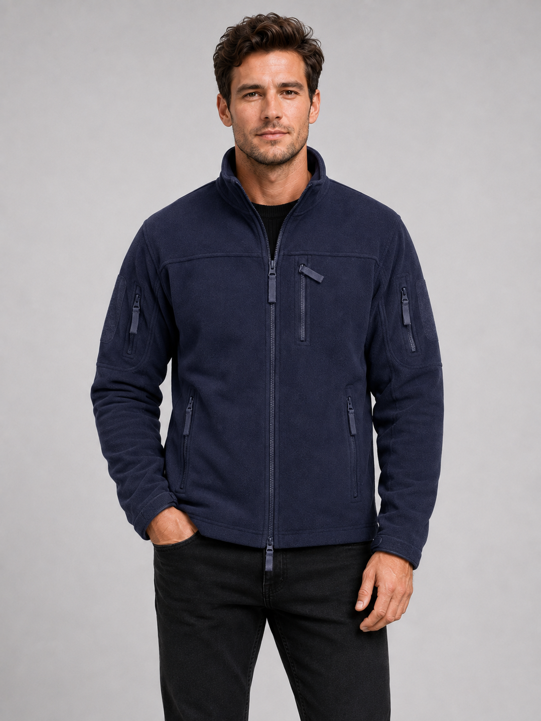 Front view of a man wearing a navy windproof fleece jacket with a full zip front, warm construction, and zipper pockets