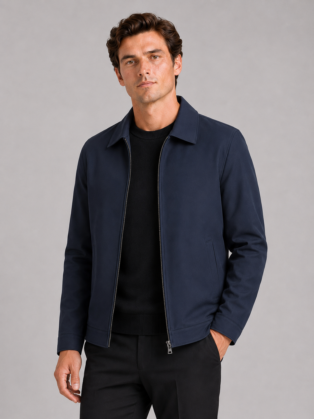 Men wearing navy fleece lined fall jacket turn down collar thick warm winter business casual style