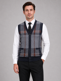 Men wearing navy fleece sweater vest v neck button front knit fall winter business casual style