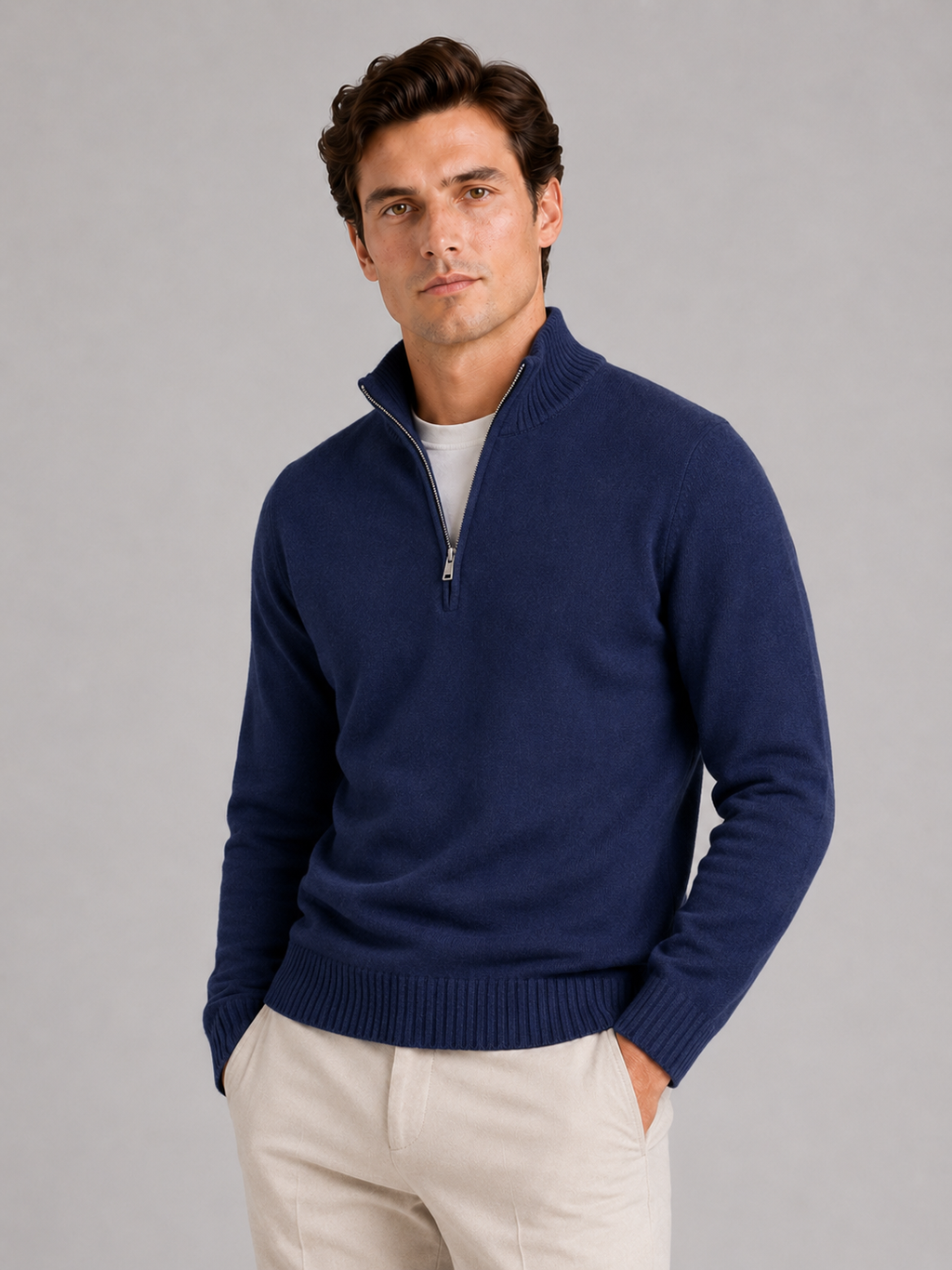 Men wearing navy half zip sweater long sleeve solid color knit pullover for fall everyday style