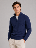 Men wearing navy half zip sweater long sleeve solid color knit pullover for fall everyday style