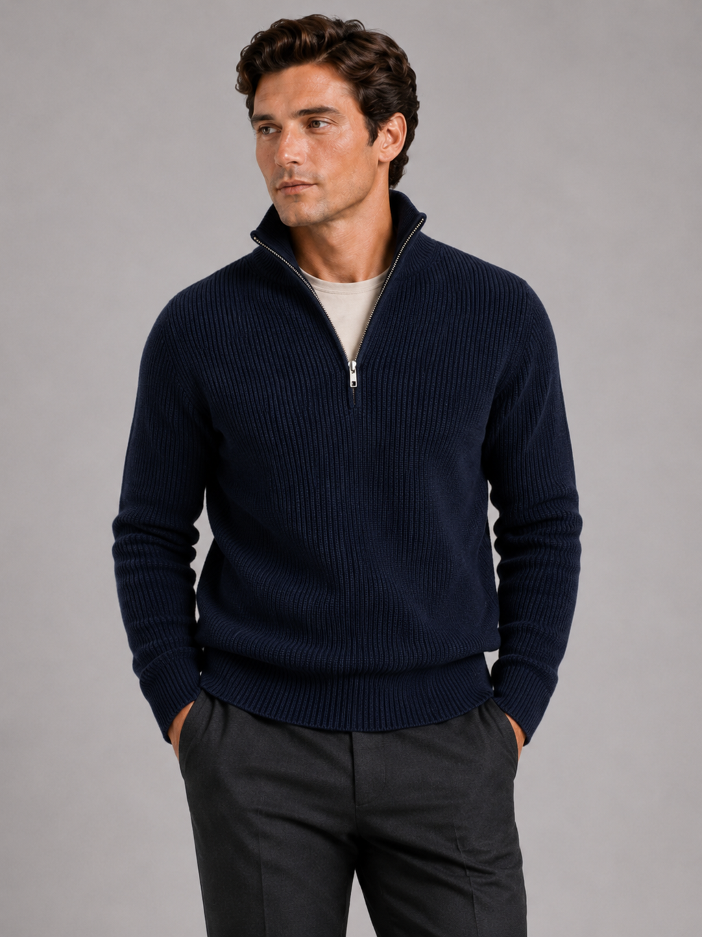 Men wearing navy half zip sweater thick knit pullover warm winter business casual style