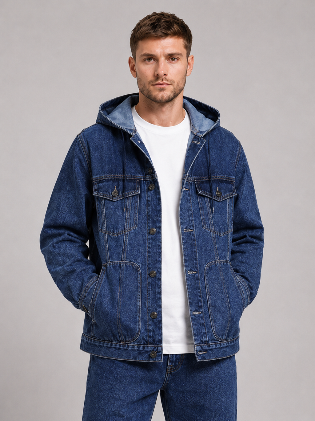 Men wearing navy hooded denim jacket windproof large pocket fall streetwear style