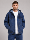 Men wearing navy hooded denim jacket windproof large pocket fall streetwear style