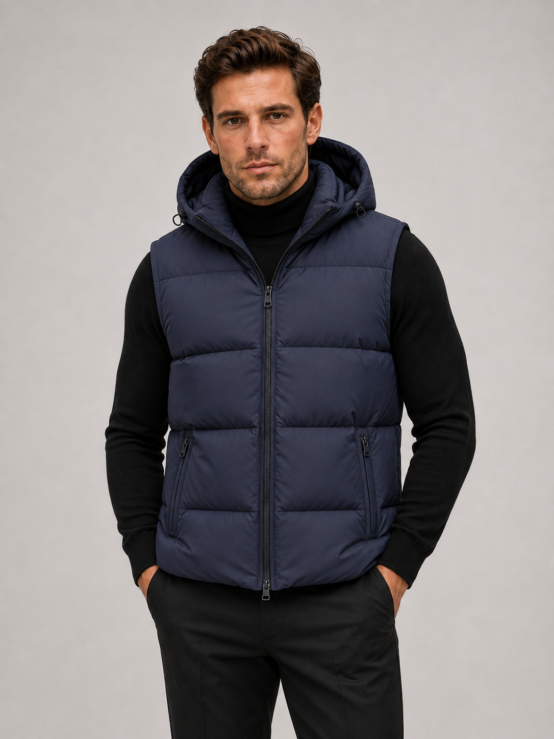 Man wearing a black hooded puffer vest in a casual fall winter outfit for outdoor and everyday wear