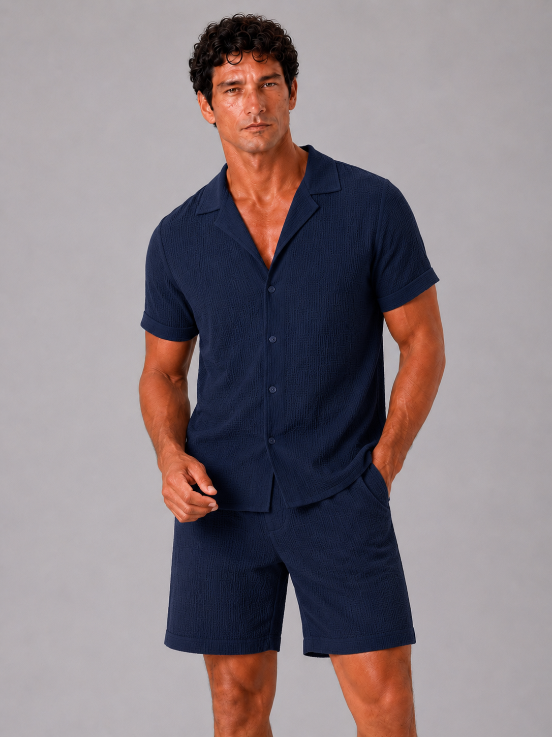 Men wearing navy jacquard cotton two piece set lightweight breathable summer vacation outfit