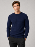 Men wearing navy jacquard crew neck sweater slim fit long sleeve warm fall winter casual style