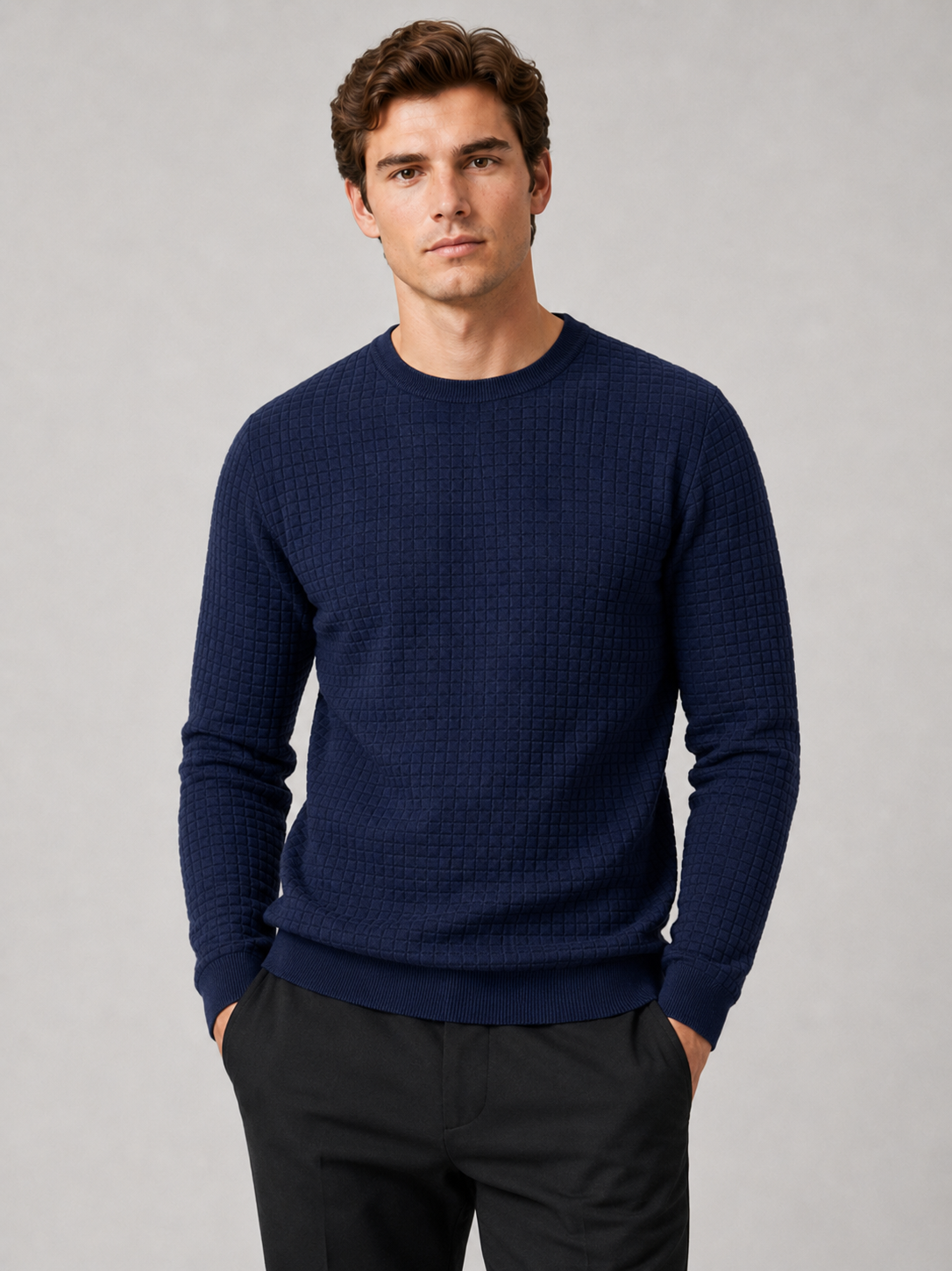Men wearing navy jacquard crew neck sweater slim fit long sleeve warm fall winter casual style