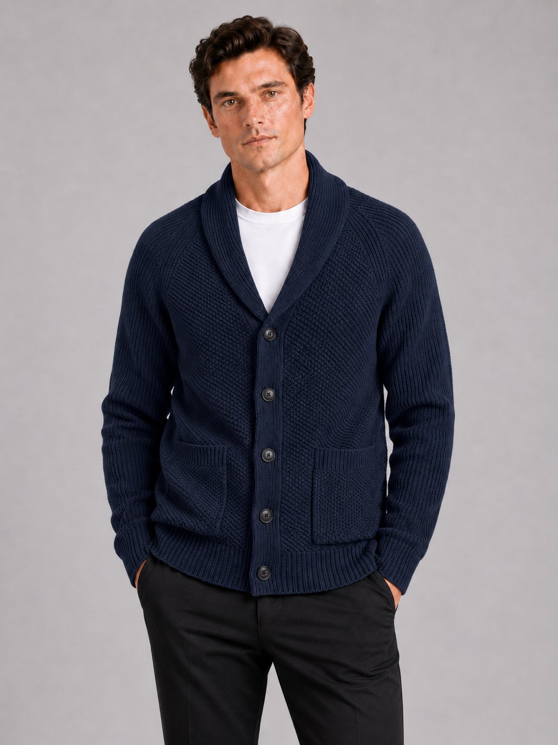 Men wearing navy knit cardigan sweater long sleeve front pocket fall winter casual style