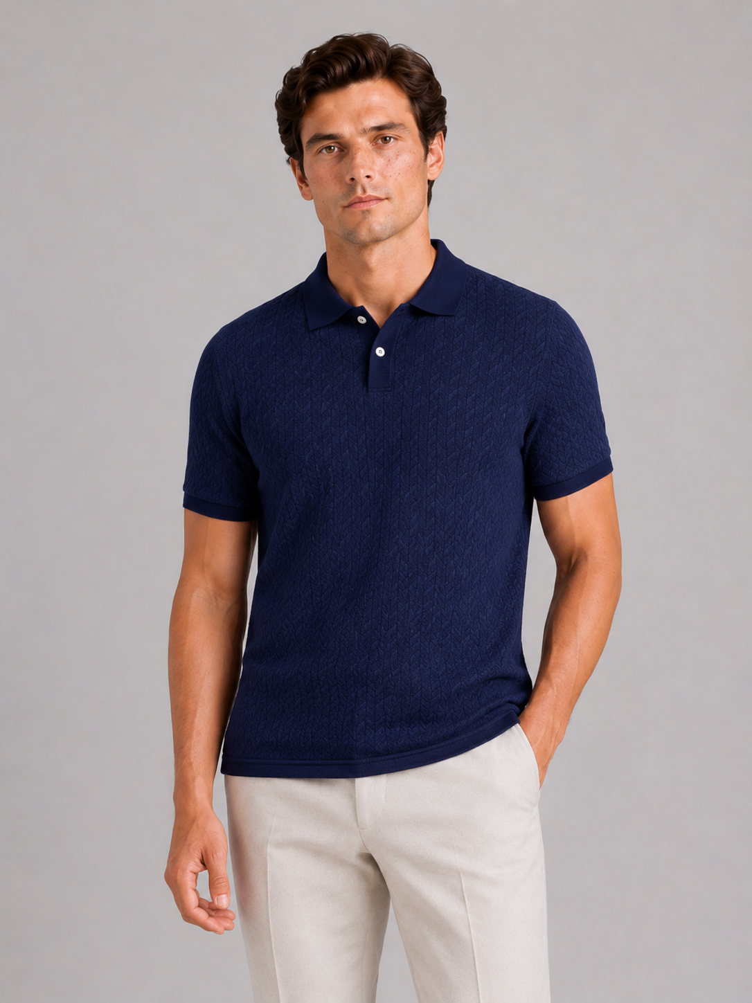 Men wearing navy knit polo shirt short sleeve breathable solid color summer casual style