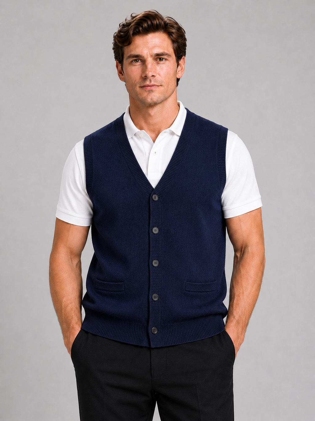 Men wearing navy knit sweater vest v neck button up fall winter business casual style