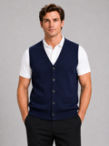 Men wearing navy knit sweater vest v neck button up fall winter business casual style