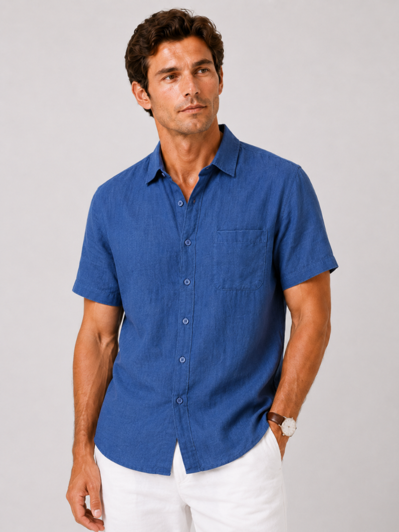 Men wearing navy linen short sleeve shirt lightweight breathable coastal casual summer style