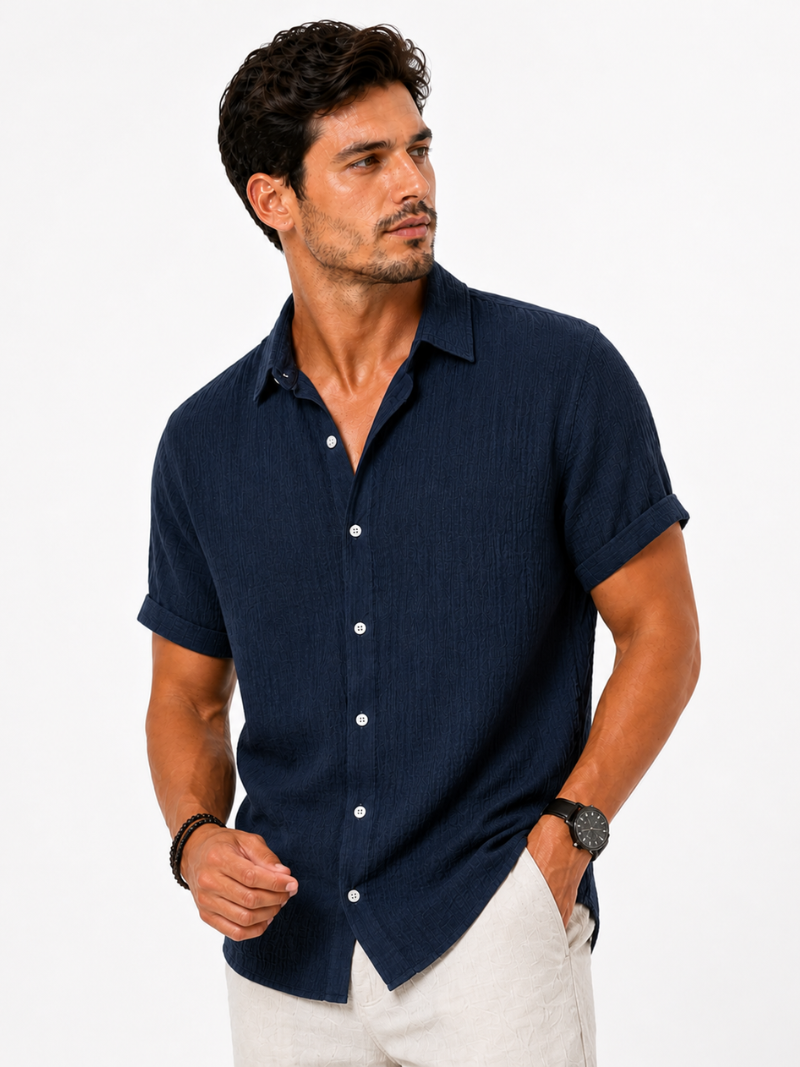 Men wearing navy cotton linen short sleeve shirt lightweight breathable refined coastal casual style