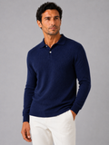 Men wearing navy long sleeve polo shirt business casual knit top for smart casual wear