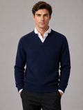 Men wearing navy merino wool open collar sweater warm fall winter business casual style