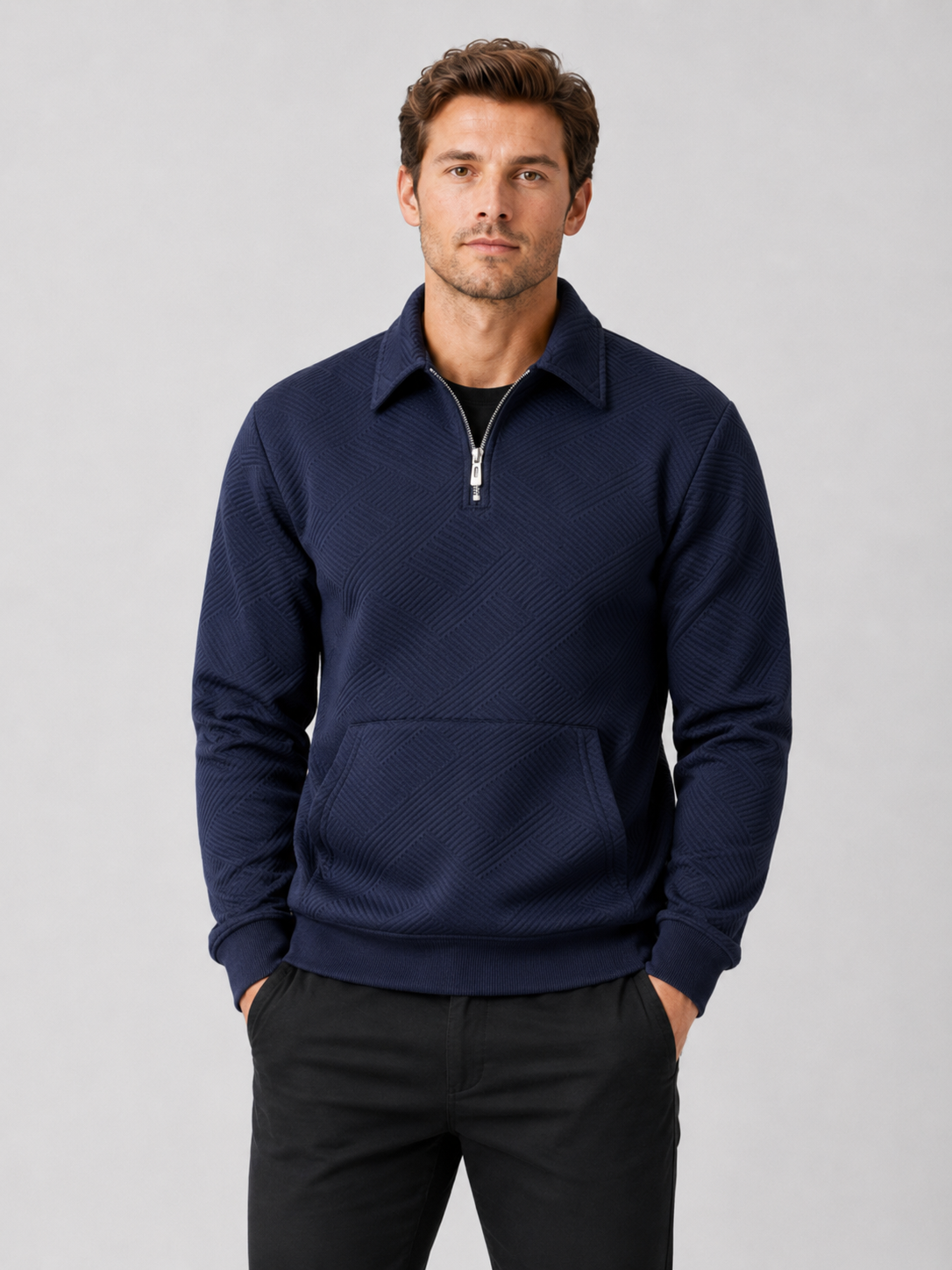 Men wearing navy quarter zip sweater long sleeve solid color fall outdoor casual style