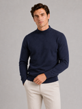 Men wearing navy mock neck sweater slim fit knit pullover warm winter casual style