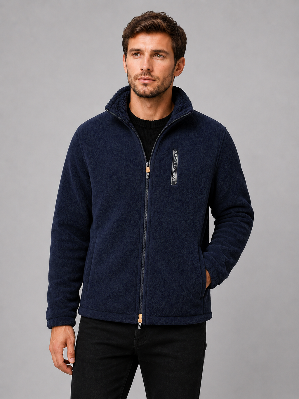 Front view of a man wearing a navy polar fleece jacket with a windproof design, full zip front, stand collar, and thick warm construction