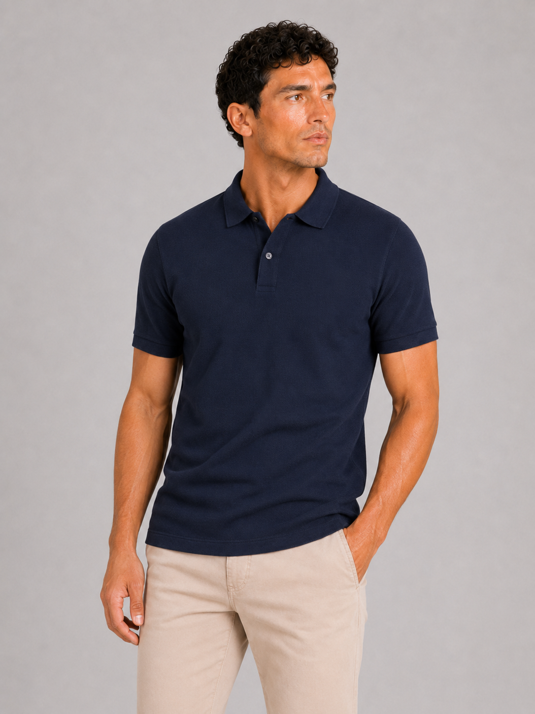 Men wearing navy silk touch polo shirt breathable short sleeve summer business casual style