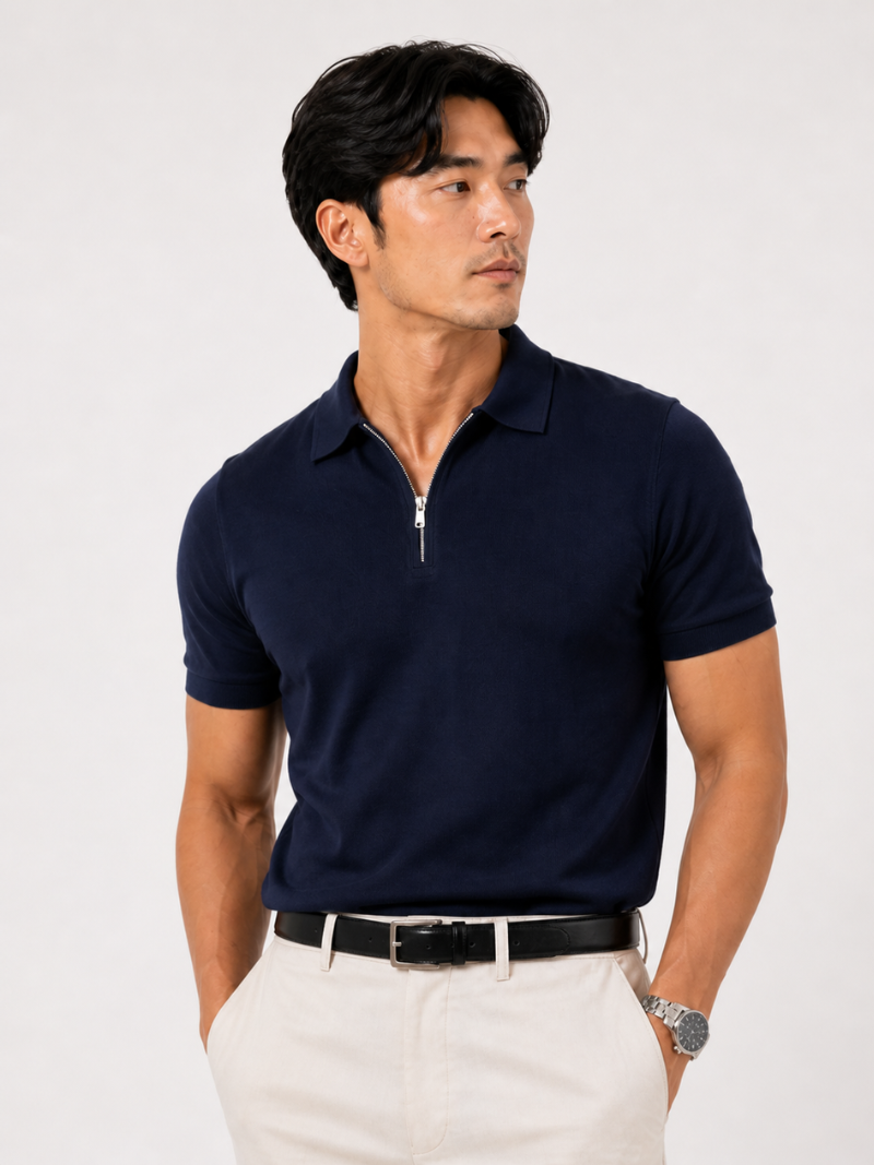Men wearing navy quarter zip polo shirt short sleeve lightweight breathable summer business casual style