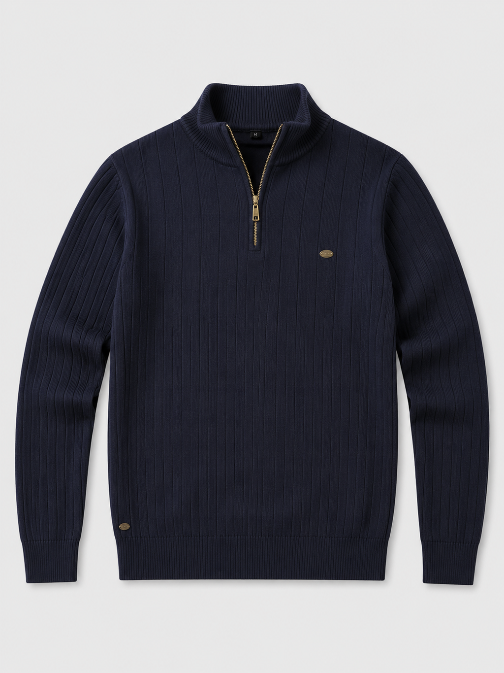 Navy men’s quarter zip cotton knit pullover sweater with a stand collar displayed on a plain background